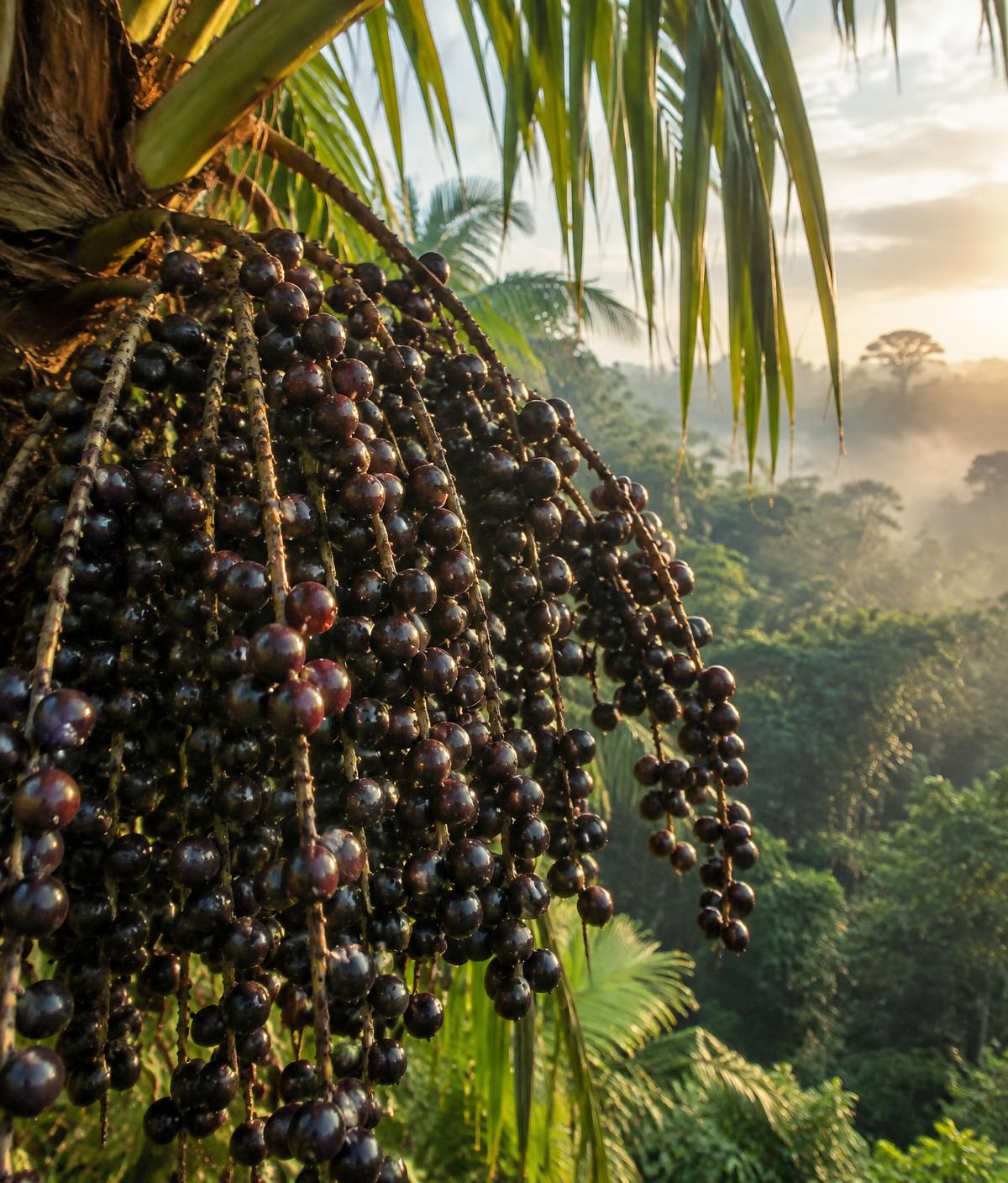 Grappes de baies d’açaí sur un palmier en Amazonie brésilienne